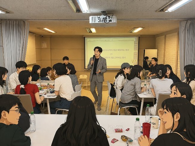 화면을 띄운 강연장에서 마이크를 들고 이야기하는 저자와 앉아 듣는 사람들