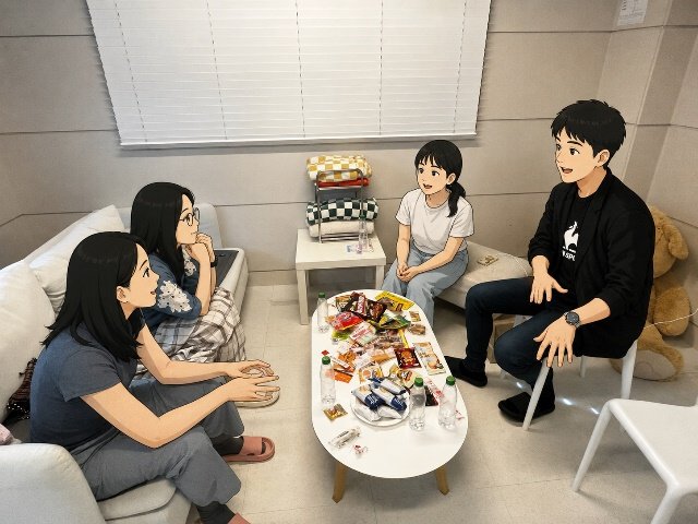 거실에 둘러앉아 이야기를 나누는 작가 토론회 참가자들