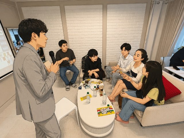마이크를 들고 선 진행자와 소파에 앉아 듣는 참가자들