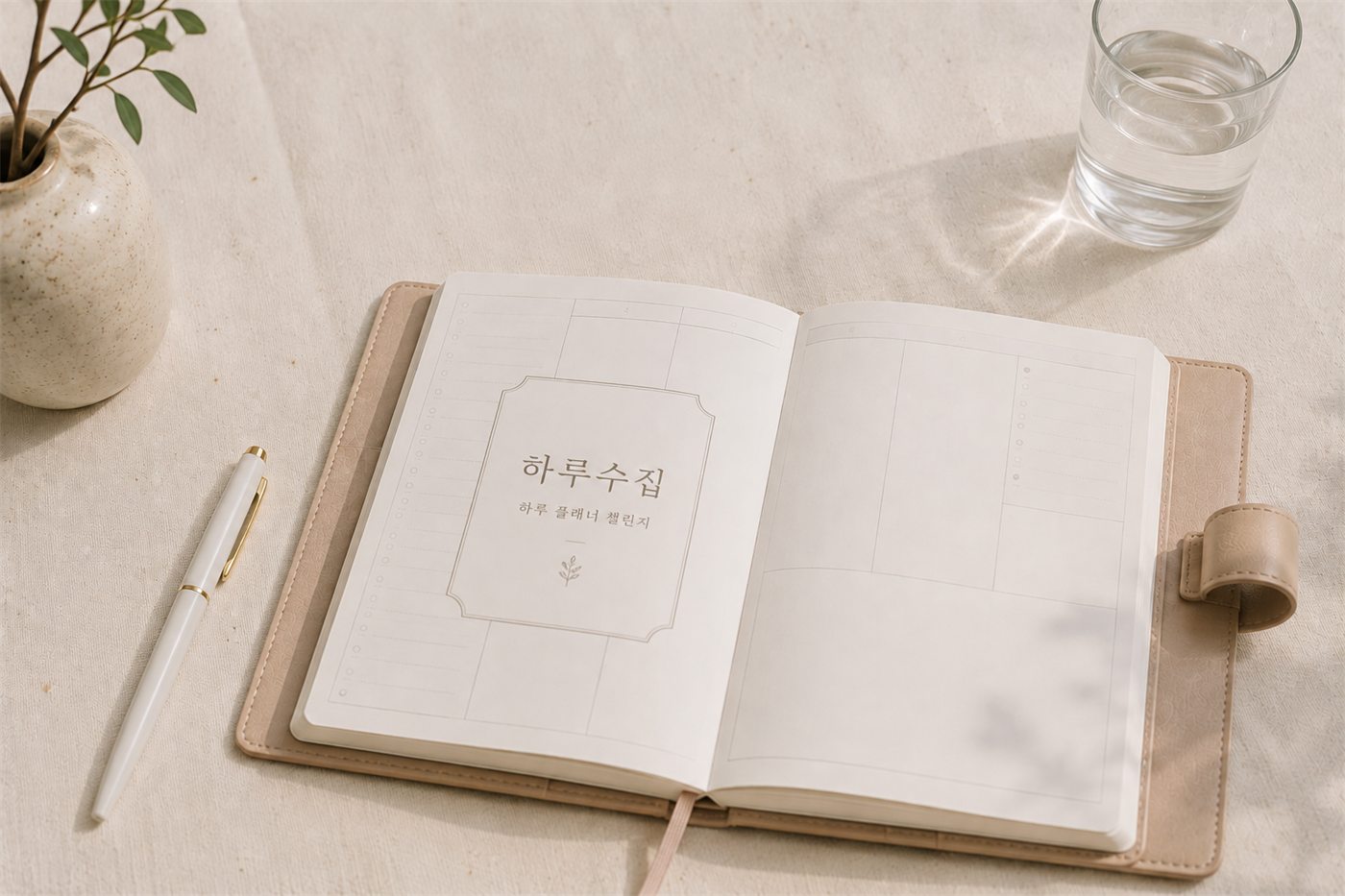 '하루수집'이라 인쇄된 속표지가 보이는 플래너와 그 옆의 펜