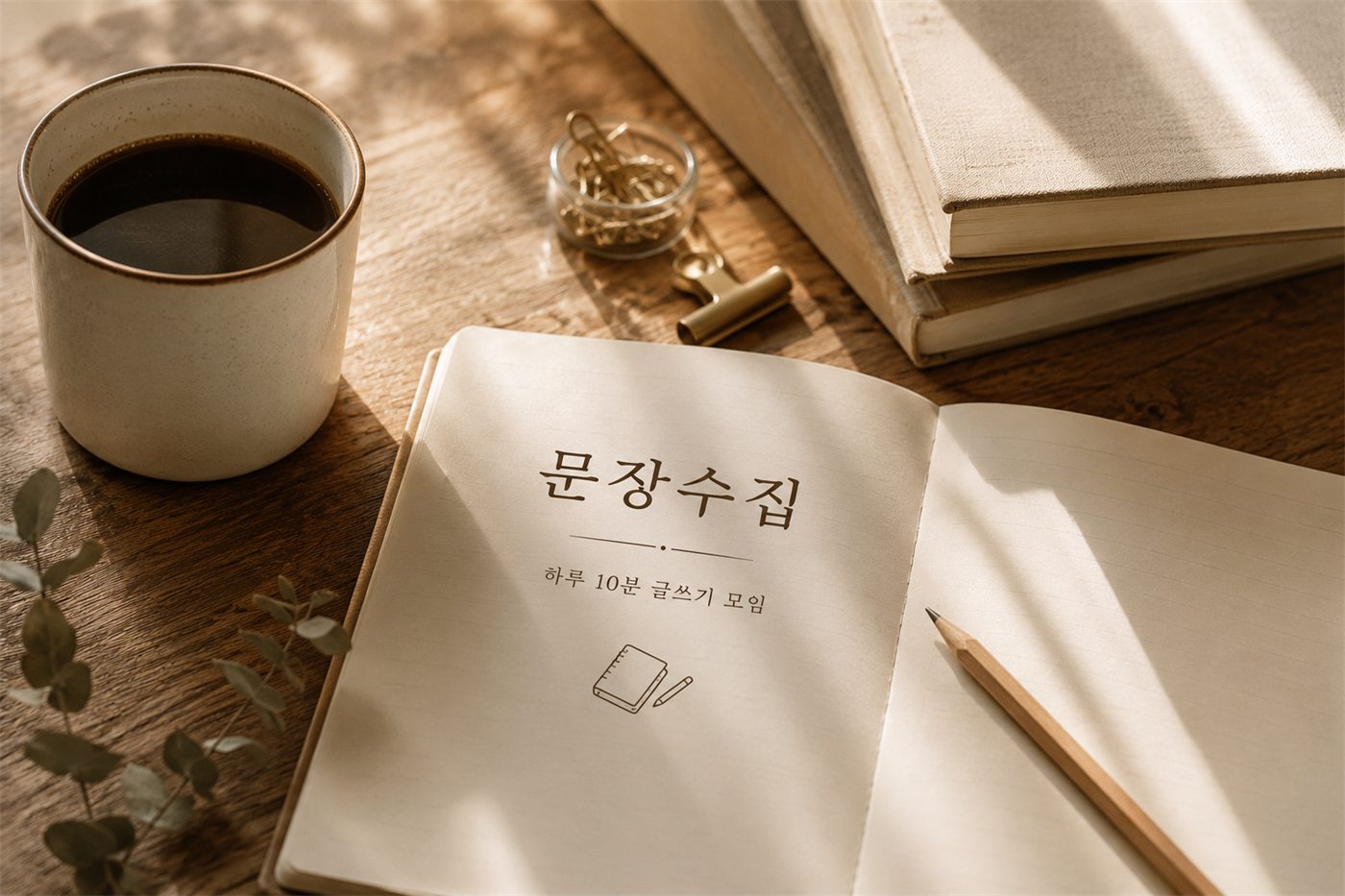 커피잔과 책 몇 권 옆에 '문장수집 — 하루 10분 글쓰기 모임'이라 적힌 공책이 펼쳐져 있다